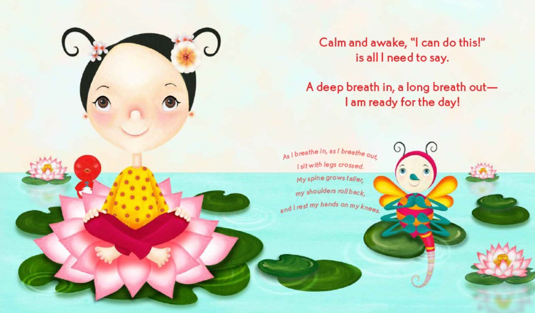 good morning yoga sample page 2 with girl sitting and meditating on a lotus